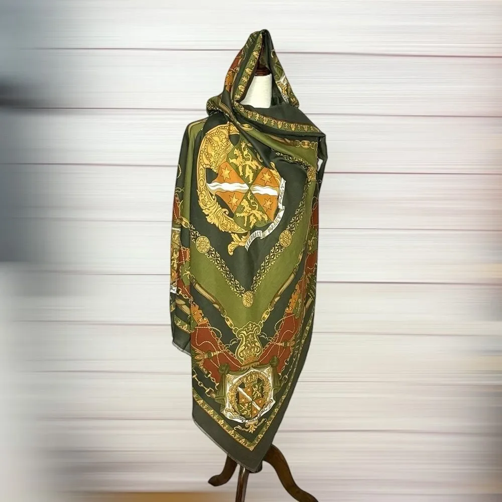 Art of the Scarf Large Square Scarf Shawl Baroque Style Green Terracotta  Italy
